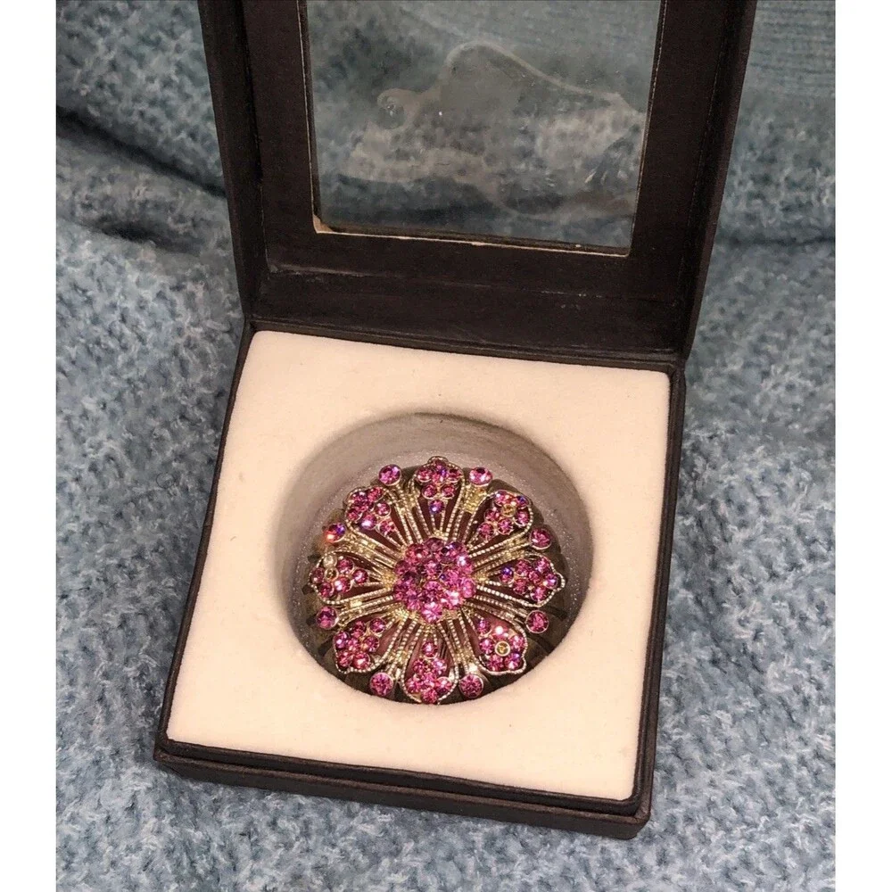 Pink Rhinestone Brooch Removable Lid Ribbed Trinket Box Mid-century Modern